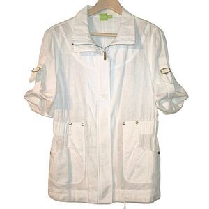 Adam Jacobs Linen Cotton Utility Style Zip Up Collared Drawstring Cargo Top